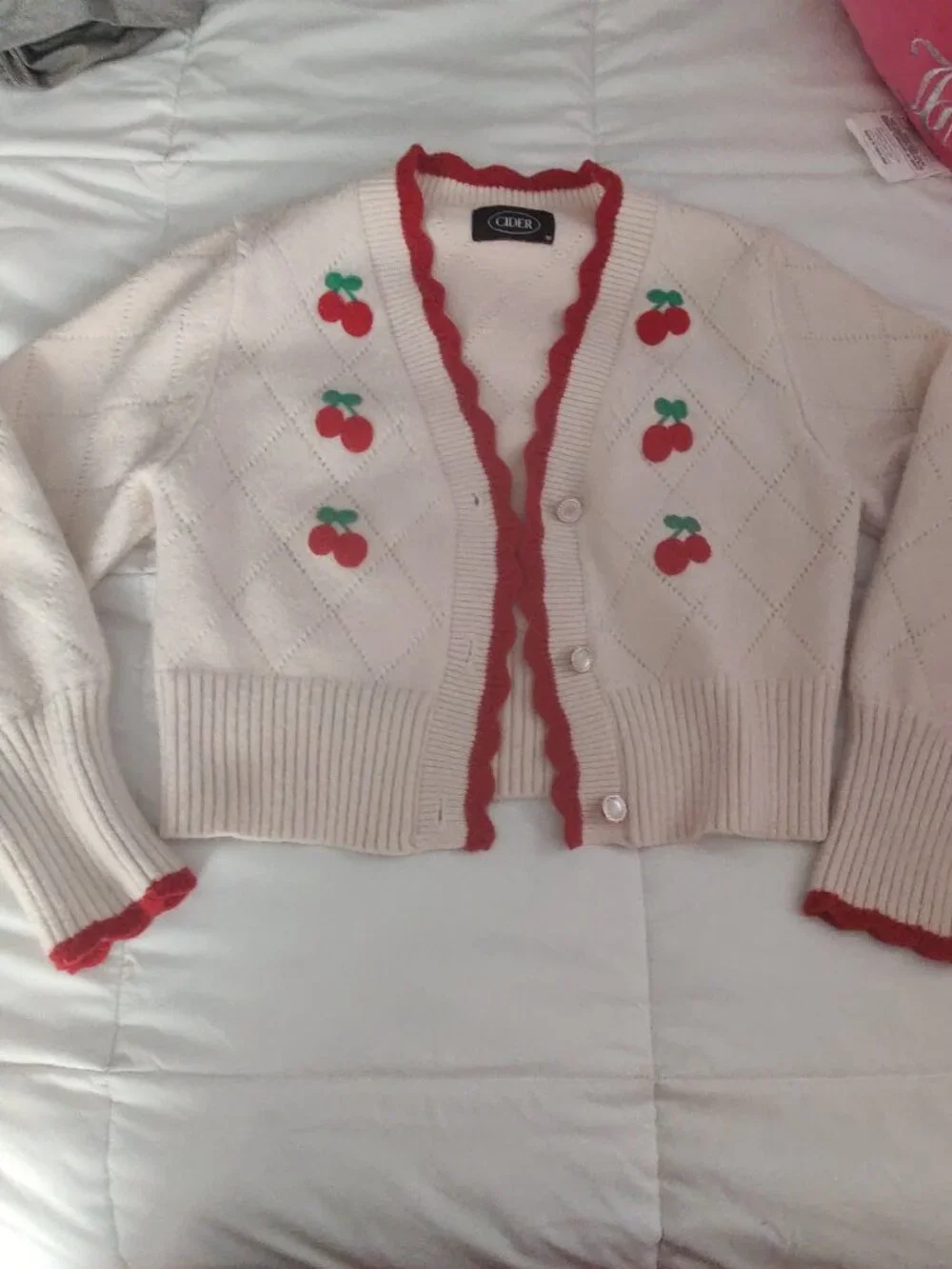 Cider Embroidered Cherry Sweater Cardigan Cropped